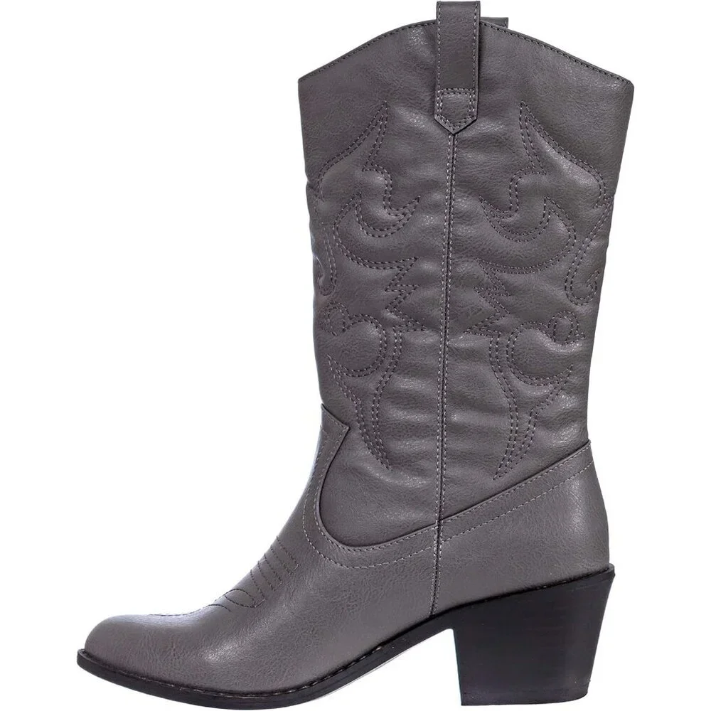 Women's Grey Mid Calf Boot Embroidered Stiching Western Cowgirl Boots Low Heel